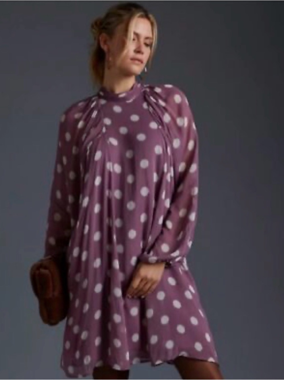 Anthropologie Mauve Polka Dot Long-Sleeve Swing Dress